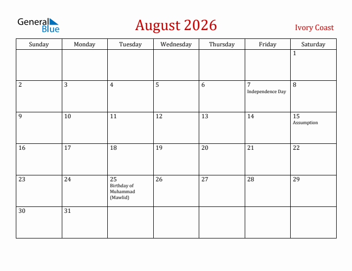 Ivory Coast August 2026 Calendar - Sunday Start