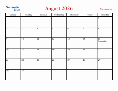 Current month calendar with Cameroon holidays for August 2026