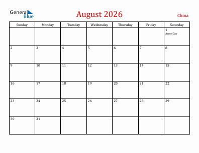 Current month calendar with China holidays for August 2026