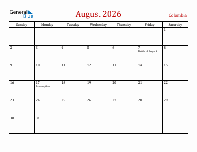 Current month calendar with Colombia holidays for August 2026