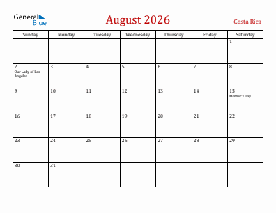 Current month calendar with Costa Rica holidays for August 2026