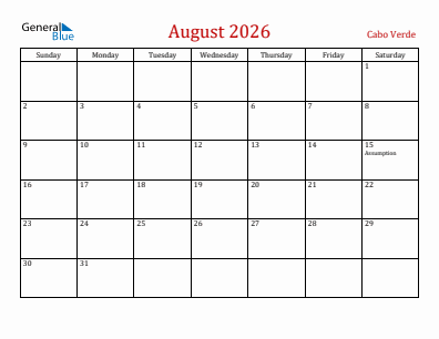 Current month calendar with Cabo Verde holidays for August 2026