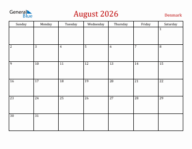 Current month calendar with Denmark holidays for August 2026