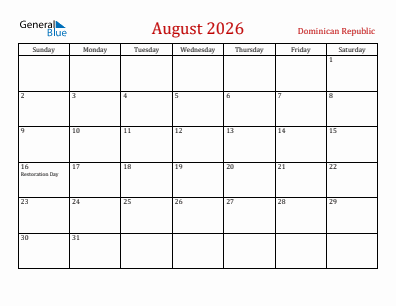 Current month calendar with Dominican Republic holidays for August 2026