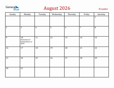 Current month calendar with Ecuador holidays for August 2026