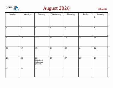 Current month calendar with Ethiopia holidays for August 2026