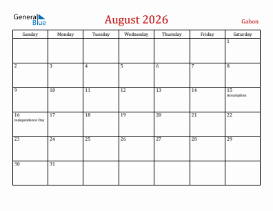 Current month calendar with Gabon holidays for August 2026