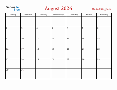 Current month calendar with United Kingdom holidays for August 2026