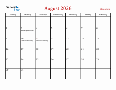 Current month calendar with Grenada holidays for August 2026