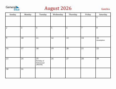 Current month calendar with Gambia holidays for August 2026