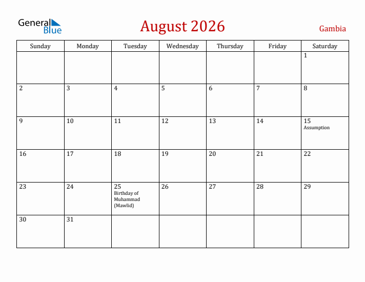 Gambia August 2026 Calendar - Sunday Start