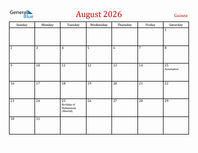 Current month calendar with Guinea holidays for August 2026