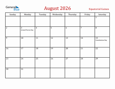 Current month calendar with Equatorial Guinea holidays for August 2026