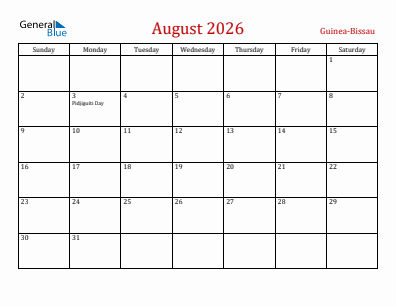 Current month calendar with Guinea-Bissau holidays for August 2026