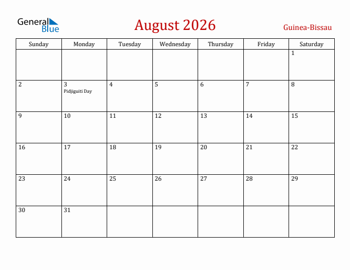 Guinea-Bissau August 2026 Calendar - Sunday Start