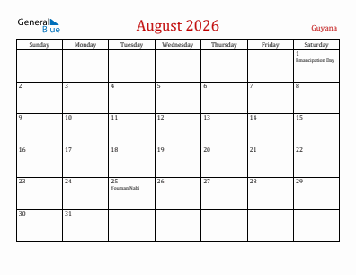 Current month calendar with Guyana holidays for August 2026