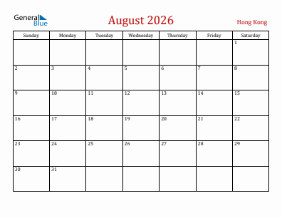 Current month calendar with Hong Kong holidays for August 2026