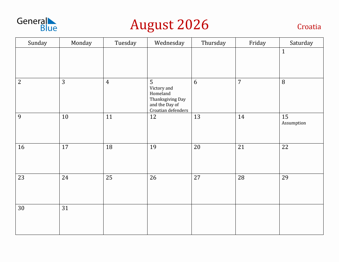 August 2026 Croatia Monthly Calendar with Holidays