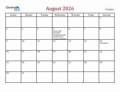 Current month calendar with Croatia holidays for August 2026