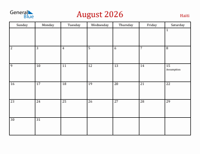 Current month calendar with Haiti holidays for August 2026