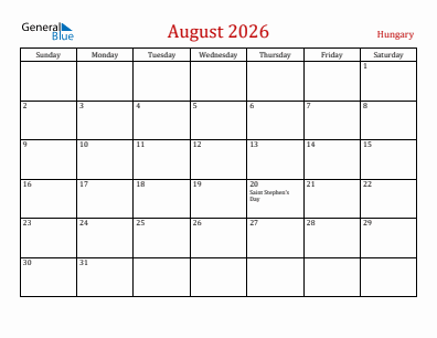 Current month calendar with Hungary holidays for August 2026