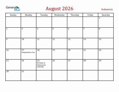 Current month calendar with Indonesia holidays for August 2026