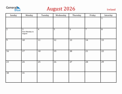 Current month calendar with Ireland holidays for August 2026