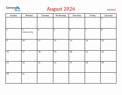 Current month calendar with Iceland holidays for August 2026