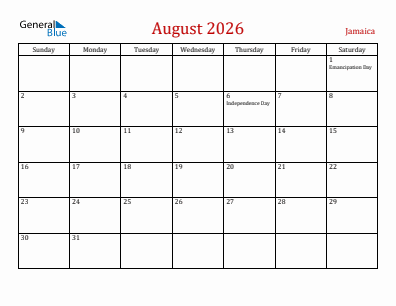 Current month calendar with Jamaica holidays for August 2026