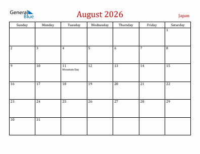 Current month calendar with Japan holidays for August 2026