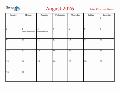 Current month calendar with Saint Kitts and Nevis holidays for August 2026