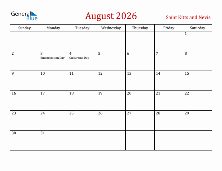 Saint Kitts and Nevis August 2026 Calendar - Sunday Start