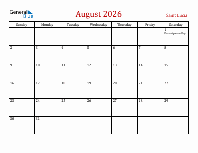 Current month calendar with Saint Lucia holidays for August 2026