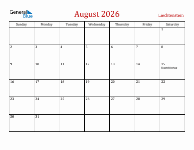 Current month calendar with Liechtenstein holidays for August 2026