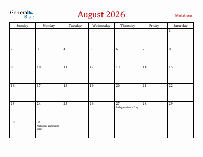 Current month calendar with Moldova holidays for August 2026