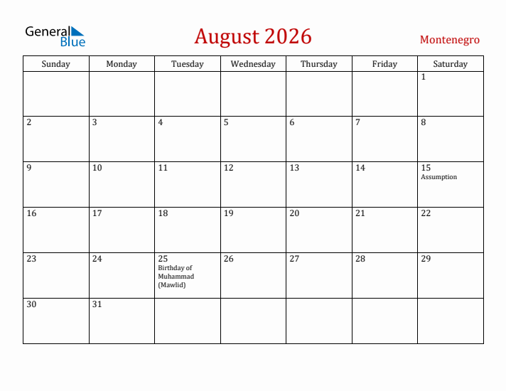 Montenegro August 2026 Calendar - Sunday Start
