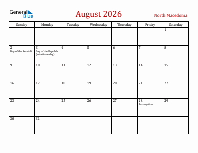 Current month calendar with North Macedonia holidays for August 2026
