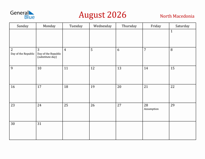 North Macedonia August 2026 Calendar - Sunday Start