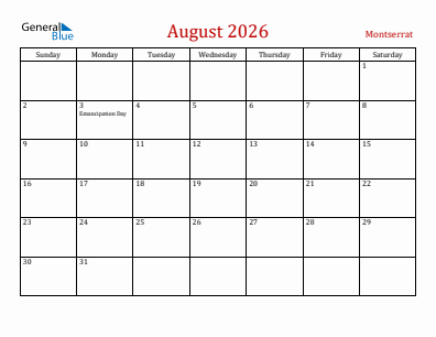 Current month calendar with Montserrat holidays for August 2026