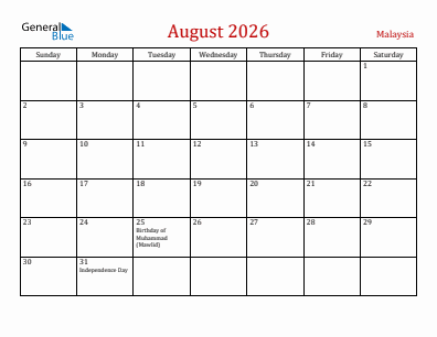 Current month calendar with Malaysia holidays for August 2026