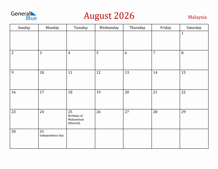Malaysia August 2026 Calendar - Sunday Start