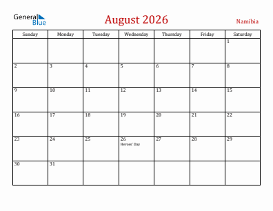 Current month calendar with Namibia holidays for August 2026