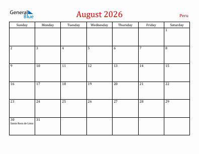 Current month calendar with Peru holidays for August 2026