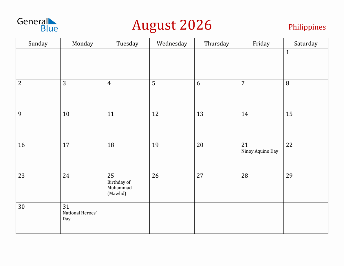 August 2026 Philippines Monthly Calendar with Holidays