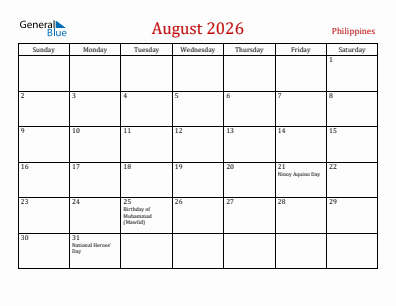 Current month calendar with Philippines holidays for August 2026