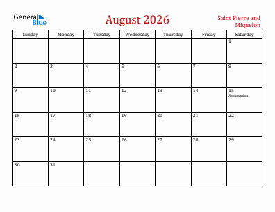 Current month calendar with Saint Pierre and Miquelon holidays for August 2026