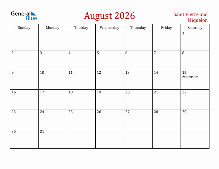 Saint Pierre and Miquelon August 2026 Calendar - Sunday Start