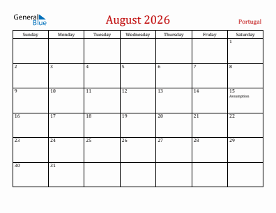 Current month calendar with Portugal holidays for August 2026