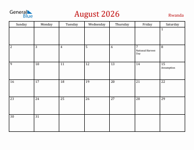 Current month calendar with Rwanda holidays for August 2026