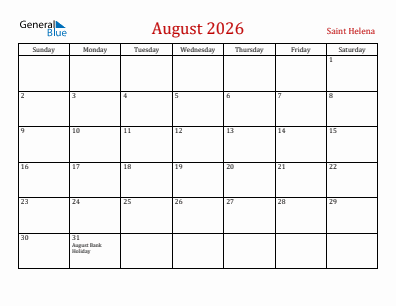 Current month calendar with Saint Helena holidays for August 2026